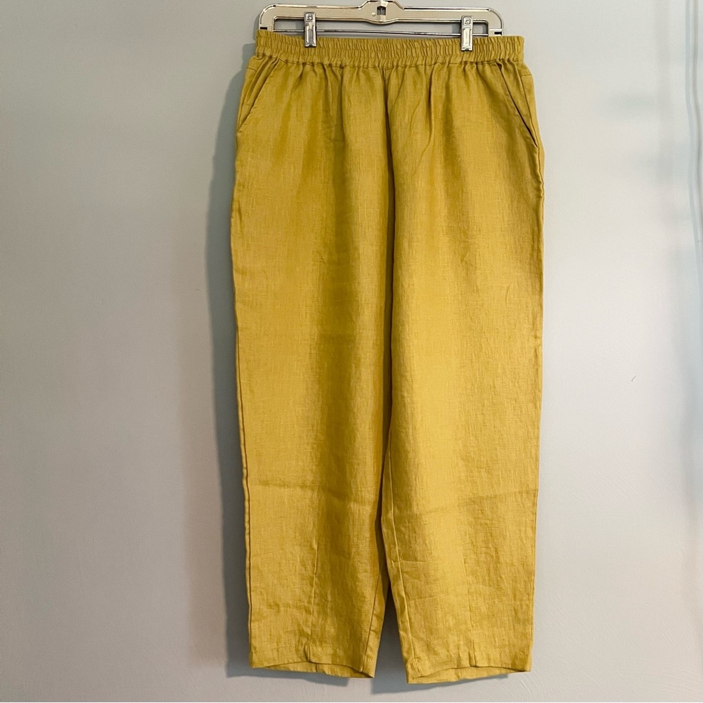 100% Linen Elastic Waist Barrel Crop Pants - Mustard Yellow